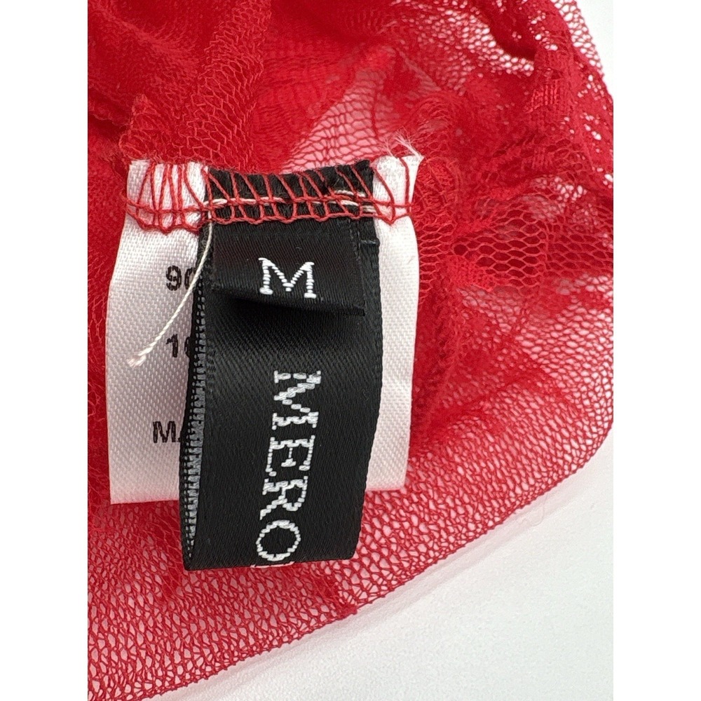 MEROKEETY Red Sheer Lace Top Long Sleeve Y2K Mesh Stretch Fitted‎ Size M - Picture 3 of 6